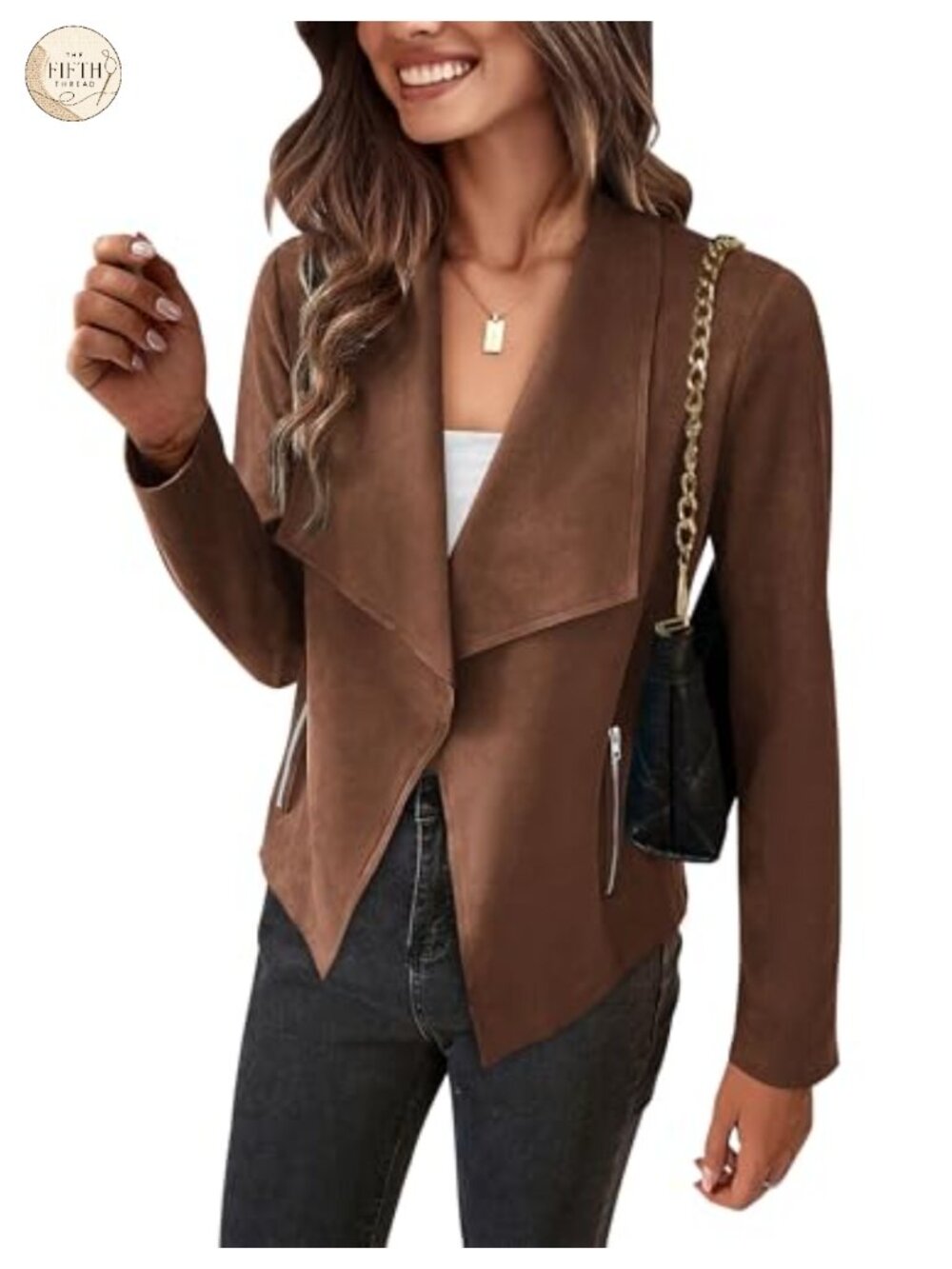 Faux Suede Cropped Jacket Waterfall Collar Open Front Pockets Casual Coat